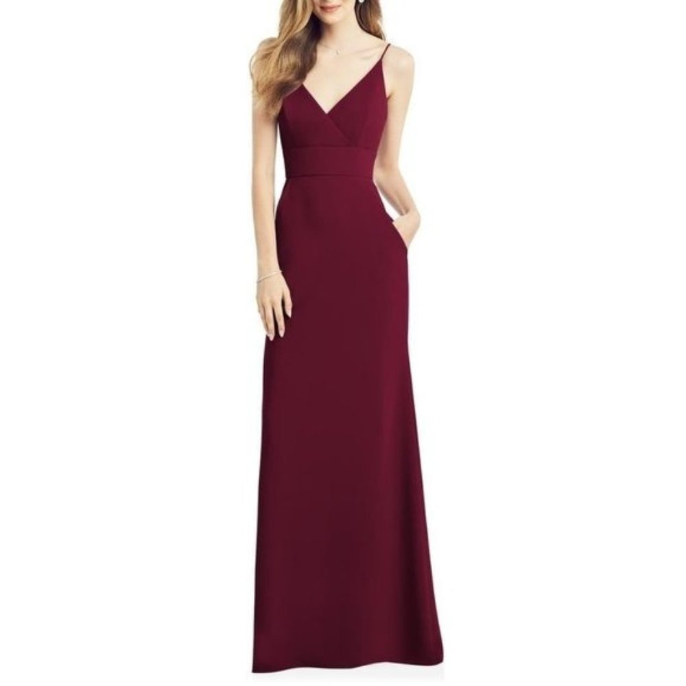 After Six Cabernet V Neck Crepe Maxi Gown Dress w/ Pockets